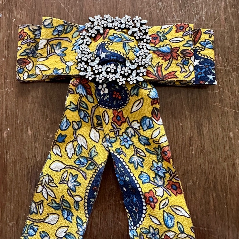 Floral Yellow and Blue Bow with Rhinestone Accent